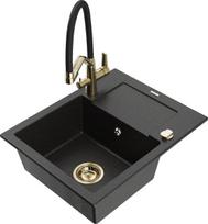 Granitinė virtuvinė plautuvė Mexen Enzo su maišytuvu ir sifonu, Metallic black/silver+Black/Gold