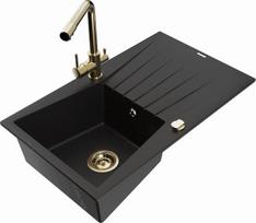 Granitinė virtuvinė plautuvė Mexen Cesar su maišytuvu ir sifonu, Black+Gold
