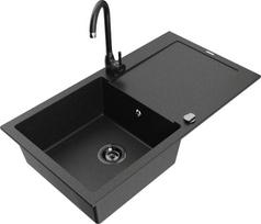 Granitinė virtuvinė plautuvė Mexen Leo su maišytuvu ir sifonu, Metallic black/silver+Black
