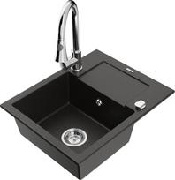 Granitinė virtuvinė plautuvė Mexen Enzo su maišytuvu ir sifonu, Metallic black/gold+Chrome