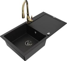 Granitinė virtuvinė plautuvė Mexen Leo su maišytuvu ir sifonu, Black+Gold