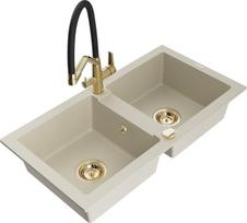 Granitinė virtuvinė plautuvė Mexen Mario su maišytuvu ir sifonu, Beige+Black/Gold