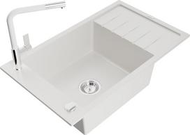Granitinė virtuvinė plautuvė Mexen Elias su maišytuvu ir sifonu, White+White/Chrome