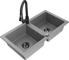 Granitinė virtuvinė plautuvė Mexen Mario su maišytuvu ir sifonu, Grey+Black