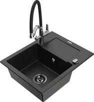 Granitinė virtuvinė plautuvė Mexen Enzo su maišytuvu ir sifonu, Metallic black/gold+Black/Chrome