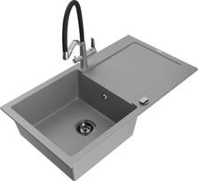 Granitinė virtuvinė plautuvė Mexen Leo su maišytuvu ir sifonu, Grey+Black/Chrome