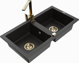 Granitinė virtuvinė plautuvė Mexen Mario su maišytuvu ir sifonu, Metallic black/silver+Gold