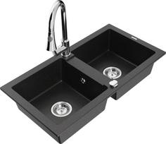 Granitinė virtuvinė plautuvė Mexen Mario su maišytuvu ir sifonu, Metallic black/silver+Chrome