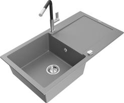 Granitinė virtuvinė plautuvė Mexen Leo su maišytuvu ir sifonu, Grey+Black/Chrome
