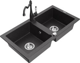 Granitinė virtuvinė plautuvė Mexen Mario su maišytuvu ir sifonu, Black granite