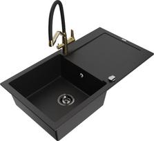 Granitinė virtuvinė plautuvė Mexen Leo su maišytuvu ir sifonu, Black+Black/Gold