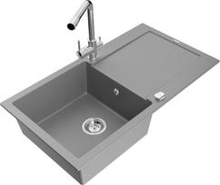 Granitinė virtuvinė plautuvė Mexen Leo su maišytuvu ir sifonu, Grey+Chrome