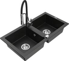 Granitinė virtuvinė plautuvė Mexen Mario su maišytuvu ir sifonu, Metallic black/silver+Black/Chrome
