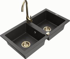 Granitinė virtuvinė plautuvė Mexen Mario su maišytuvu ir sifonu, Black granite+Gold