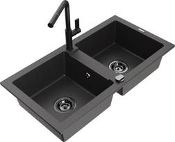 Granitinė virtuvinė plautuvė Mexen Mario su maišytuvu ir sifonu, Black granite+Black