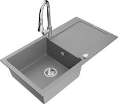 Granitinė virtuvinė plautuvė Mexen Leo su maišytuvu ir sifonu, Grey+Chrome