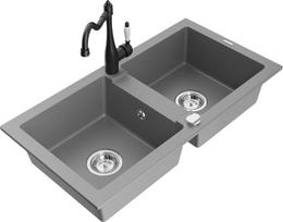 Granitinė virtuvinė plautuvė Mexen Mario su maišytuvu ir sifonu, Grey+Black