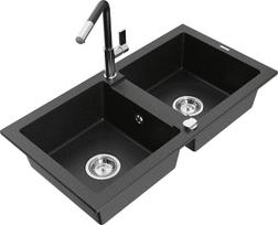 Granitinė virtuvinė plautuvė Mexen Mario su maišytuvu ir sifonu, Metallic black/silver+Black/Chrome