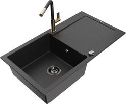 Granitinė virtuvinė plautuvė Mexen Leo su maišytuvu ir sifonu, Metallic black/silver+Black/Gold