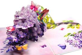 3D išsiskleidžiantis atvirukas, kolibris ir glicinija, violetinė gėlių kompozicija, 15x20 cm, su voku