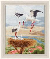 Kryželiu siuvinėjimo rinkinys „Gandrai ant stogo“, Aida16, 29.7×24cm, 39 spalvų