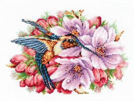 Kryželių siuvinėjimo rinkinys Kolibris ir gėlės, Aida 16 ct, 21x14,5 cm