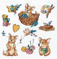 Žavingas Corgi kryželiu siuvinėjimo rinkinys, Aida 16 ct, 21×21 cm