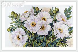 Elegantiškas Merejka siuvinėjimo rinkinys Baltos gėlės, Aida 16, DMC, 47x30 cm