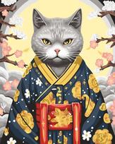 Tapyba pagal skaičius: Katė su kimono, rinkinys 40x50 cm suaugusiems