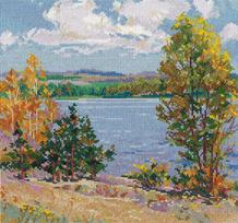Jaukus siuvinėjimo rinkinys kryželiu „Ruduo prie upės“, 23×23 cm
