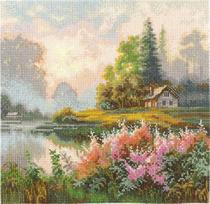 Siuvinėjimo rinkinys kryželiu „Rūko žemė“, 19x19 cm – ramus peizažas
