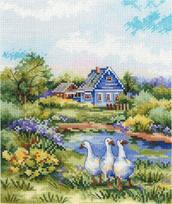 Kryželiu siuvinėjimo rinkinys „Vasara kaime“ 20×16 cm – jaukus vaizdas