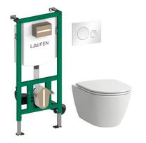 WC puodo komplektas: su QR/SC dangčiu Laufen Rimless, Ineo potinkinis rėmas, Moon mygtukas, baltas KK FIORA INEO MOON