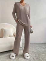 Chic Autumn/Winter Two-Piece Set: Casual Straight-Leg Pants & Loose V-Neck Ribbed Knit Top L chaki