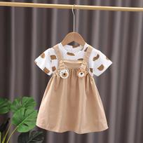 Girls' Summer 2-Piece Set- Round Neck Cartoon Bear Printed T-shirt+Pinafore Dress - Cute Casual Outfit S-XXL S chaki