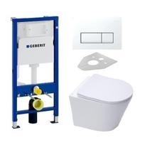 Geberit Duofix Basic rėmas pakabinamam wc su Delta 50 baltos spalvos klavišu ir pakabinamu wc SAT Infinitio Compact Rimless su lėtaeigiu dangčiu