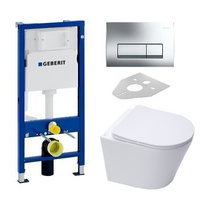 Geberit Duofix Basic rėmas pakabinamam wc su Delta 50 blizgaus chromo spalvos klavišu ir pakabinamas wc SAT Infinitio Compact Rimless su lėtaeigiu dangčiu