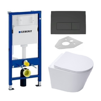 Geberit Duofix Basic rėmas pakabinamam wc su Delta 50 juodos matinės spalvos klavišu ir pakabinamas wc SAT Infinitio Compact Rimless su lėtaeigiu dangčiu