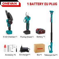 ONEVAN 3500W Teleskopinis bešepetėlis elektrinis grandininis pjūklas 3 viename aukštų šakų žirklės sodo genėjimo įrankis skirtas Makita 18V baterijai 1 Battery EU Plug