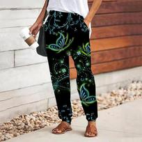 Women Butterfly Printing Pants Lace Up Elastic Waist Loose  Trousers Casual Long Pants Trousers with Pockets XS mėlyna