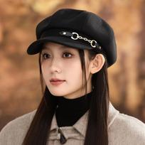 Korean Version of Autumn and Winter Hat for Women's Belt Chain Beret Casual British Style Bell Hat Literary Retro Octagonal Hat One Size