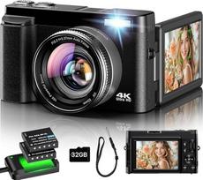 Skaitmeninis fotoaparatas 4K, 48MP 16X automatinio fokusavimo skaitmeninis priartinimo fotoaparatas, 3 colių 180° sulankstomas LCD ekranas, HD kompaktiškas Vlog fotoaparatas su įkrovimo stotele, 2 x 800 mAh baterijos, 32GB kortelė, tinka pradedantiesiems