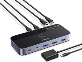 UGREEN 10Gb/s USB jungiklis, USB C jungiklis su 3 x 3,2 A ir 1 x 3,2 C prievado duomenų jungtimi, klaviatūra 2 kompiuteriams vienu metu su nuotolinio valdymo pultu, aliuminio korpusas Failų perkėlimo kopijavimas "Windows" / "MacOS