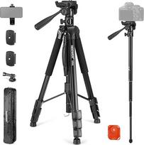"NEEWER Basic" 74 colių vaizdo trikojis monopodas su 3 krypčių posvyrio ir pakreipimo galvute ir nuotolinio valdymo pulteliu, fotoaparato laikiklis su centrine ašimi, telefono laikiklis DSLR, "iPhone", teleskopui, maksimali apkrova 17,6 lb, TP05