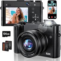Skaitmeninis fotoaparatas su 6 kartų optiniu priartinimu, 5K 64 MP fotoaparatas su "WiFi", kompaktiškas fotoaparatas su automatiniu fokusavimu, blykste, apsauga nuo drebėjimo, Vlog fotoaparatas asmenukėms su 64GB kortele, 2 baterijos pradedantiesiems