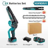 YOFIDRA 8 colių bešepetis elektrinis grandininis pjūklas be šepetėliu, įkraunamas medžio apdirbimo sodo genėjimo pjūklo įrankis, skirtas Makita 18V baterijai 2 Battery Paper Box
