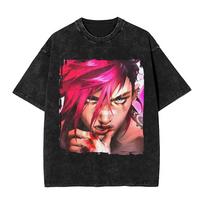 Anime Arcane Vi Žaidimas Violetinis Spausdintas Skalbtas Marškinėlis Vyrams Moterims Manga Marškinėliai Vintage Medvilninis Marškinėlis Harajuku Vyriškas Marškinėlis 3XL