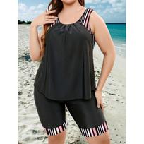 Didelio dydžio kuklus Tankini rinkinys, moteriškas plius grafinis spausdinimas su apvaliu kaklu ir šortai, 2 dalių maudymosi kostiumėlis 4XL(20) beige