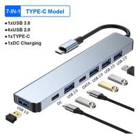 USB C šakotuvas 7 prievadų kelių USB skirstytuvo C tipo doko stotis USB 3.0 2.0 PD adapteris, skirtas Xiaomi MacBook Pro Plug and Play Support U Disk Keyboard Mouse