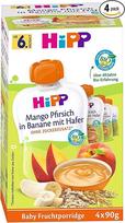 "HiPP Baby Squeeze Bags" vaisių košė "Mango Peach in Banana" su avižomis 100% ekologiški vaisiai be pridėtinio cukraus 4 x 4 maišeliai po 90g